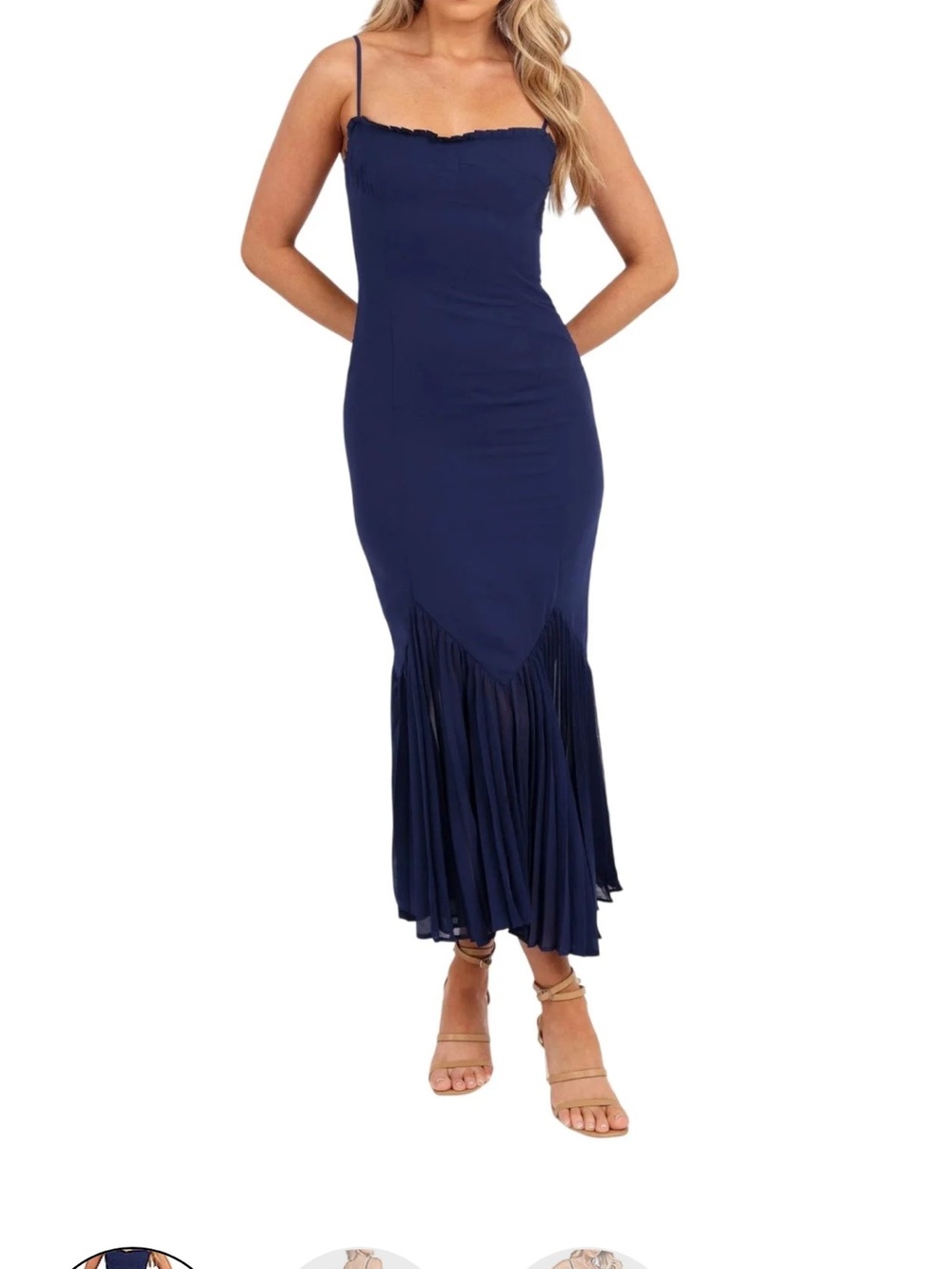 Petal & Pup Navy Spaghetti-Strap Midi Dress with Pleated Mermaid Hem